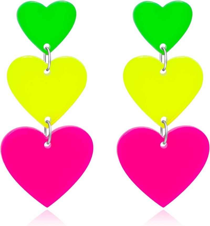 HOLYRY Neon Heart Earrings for Women Acrylic Neon Earrings 80s 90s Outfit for Women Glow Party Accessories Gifts Hot Pink Orange Green Yellow - Image 1